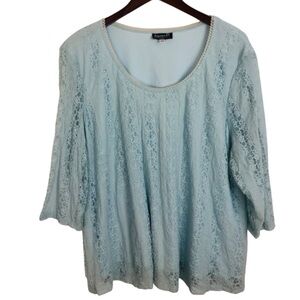3X PLUS SIZE Light Blue Y2K Babydoll Lace 3/4 Sleeve Cottage Fairy Blouse Top